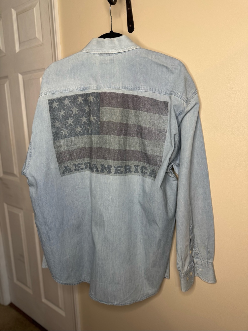American Eagle Outfitters/American Blue Light Wash Denim Shirt with Flag Graphic